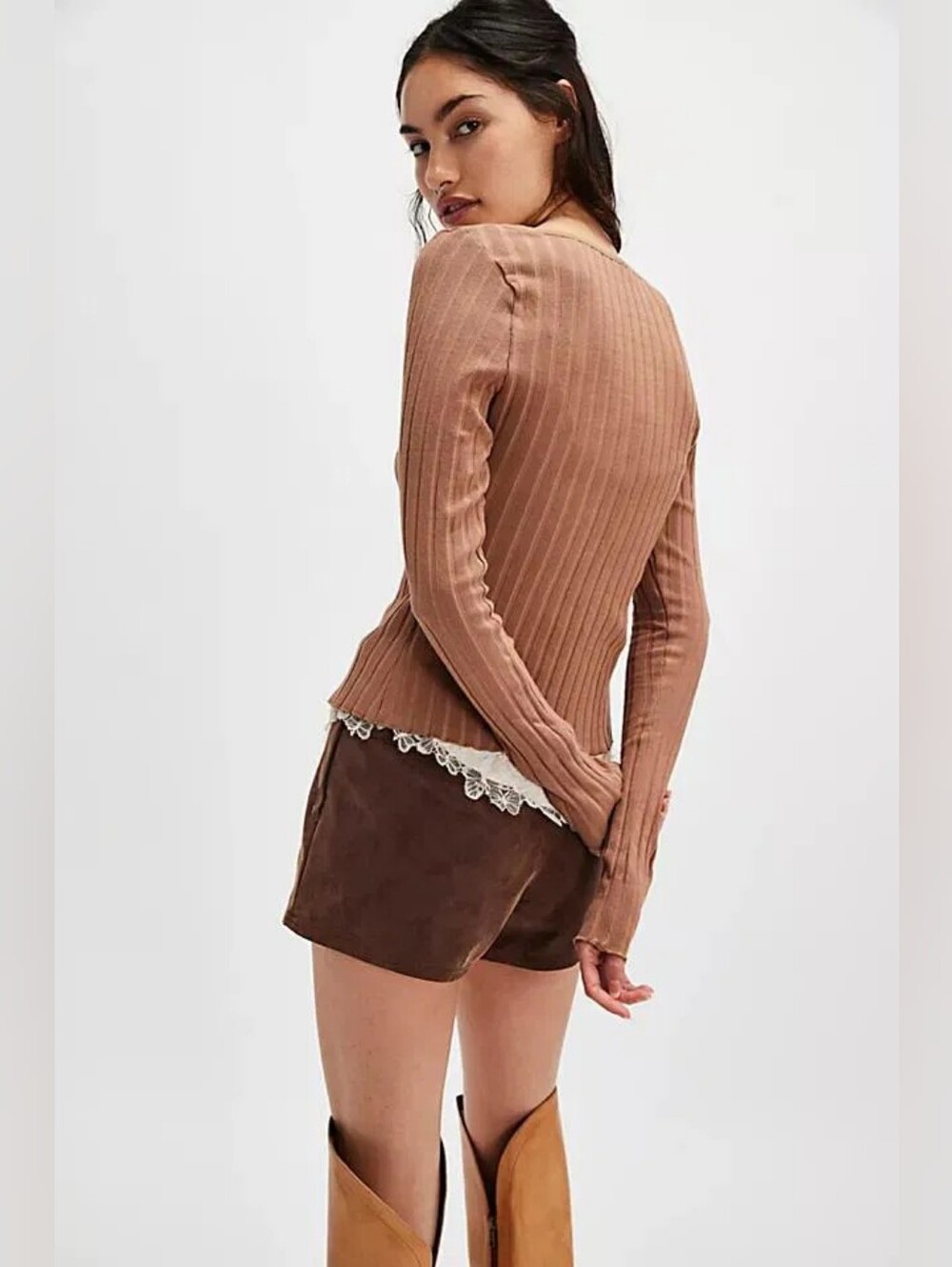Free People Tilly Ribbed Cardigan Button Front Top Brown Size XS NWT Y2K Boho - Picture 2 of 10